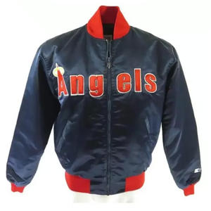 Chaqueta Bomber de Satén Azul Marino Personalizada para Hombre, Chaqueta Varsity con Cierre y Ribete Rojo en Contraste, Uniforme de Béisbol al por Mayor, Ropa Deportiva - Product Image 1