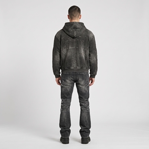 Men's <b>Black</b> Washed tracksuit <b>Hoodie</b> and Distressed Jeans Set Vintage Streetwear Outfit with Graphic <b>Zip</b> <b>Up</b> Jacket - Product Image 4