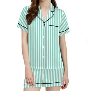 Women <b>White</b> Short Sleeve Pajama <b>Set</b> With Black Trim Turn-down Collar Cotton Casual Sleepwear Summer Shorts Style - Product Image 4