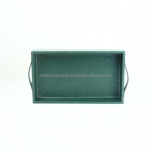 Bandeja de servicio rectangular de polipiel verde oscuro con asas laterales curvas Bandeja de servicio decorativa moderna - Product Image 1