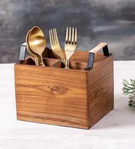 Wooden Cutlery Holder Single Compartment Utensil Organizer Engraved Design <b>Kitchen</b> Tabletop <b>Storage</b> Rustic Wooden Box - Product Image 5