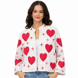 <b>White</b> Heart Print Mandarin Collar Bomber <b>Jacket</b> Women's Spring Full Sleeve Regular Fit 100% Cotton Eco-Friendly Reversible - Product Image 3