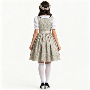 Robe Dirndl brodée respirante mi-longue pour femme, costume bavarois 3 pièces pour l'Oktoberfest, blanc, avec tablier beige à lacets, Trachten - Product Image 4