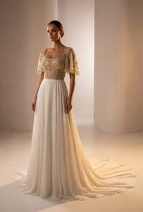 Robe de mariée vintage élégante en satin perlé, coupe trapèze, décolleté sans bretelles, longueur ras du sol, en tulle, taille naturelle, fermeture éclair ornée de cristaux - Product Image 2