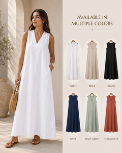 Custom OEM Women Plain <b>White</b> <b>Maxi</b> Dress Casual Sleeveless V Neck Long Sundress With Pockets High Quality Factory Supplier - Product Image 2