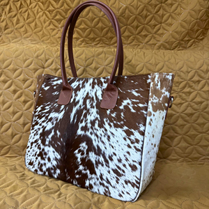 Bolso Tote de Cuero Vacuno para Mujer, Bolso de Mano de Moda, Patrón Marrón y Blanco, Bolso de Hombro de Cuero Genuino, Gran Capacidad, Uso Diario - Product Image 4