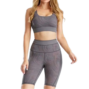 Gray Racerback <b>Crop</b> <b>Top</b> High Waist Bike Shorts 2 Piece Yoga Set Seamless <b>Mesh</b> Spandex Polyester Workout Wear - Product Image 6