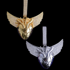 <b>Anatomical</b> Winged <b>Heart</b> Iced Out Rhodium Plated Men's Party Pendant <b>Necklace</b> - Product Image 4
