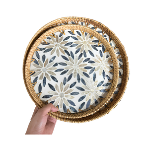 Handmade Vietnam Round Rattan <b>Tray</b> Made from Natural Rattan with Mother of Pearl Inlay for Dining and Decorative Display - Product Image 4