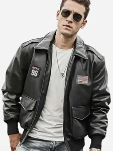 เสื้อแจ็คเก็ตนักบินหนังสีดำสำหรับผู้ชาย - Product Image 4