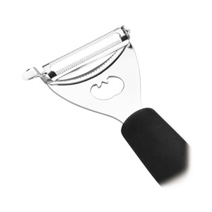Éplucheur à pommes de terre en acier inoxydable avec poignée noire et découpe en forme de pomme pour la cuisine - Product Image 3