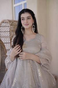 Sheer Embroidered Women Salwar Kameez One Set Short <b>Top</b> <b>Layered</b> Tunic Mesh Dupatta Elegant Knee Length Party Outfit - Product Image 2