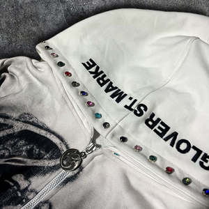 Blouson zippé à strass pour hommes et femmes, modèle 2026, blanc, court, scintillant, en cristal, style streetwear urbain HD - Product Image 2