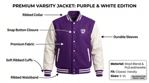 Veste universitaire pour homme de couleur violette avec manches blanches, logo brodé, fermeture à boutons sur le devant, style preppy, vêtement d'extérieur pour l'automne - Product Image 5