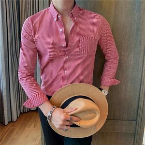 เสื้อเชิ้ตแขนยาวลายตารางสีแดงสำหรับผู้ชาย ปกติดกระดุม ผ้าป๊อปลิน ระบายอากาศได้ดี เหมาะสำหรับฤดูร้อน - Product Image 1