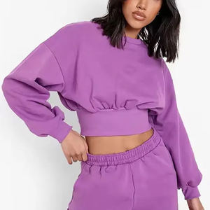 Conjunto de Sudadera Corta Morada Oversize con Mangas Farol, Color Sólido, Casual, Unisex, para Otoño - Product Image 4