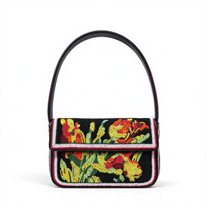 Bolso de Hombro de Lujo Hecho a Mano con Cuentas para Mujer, Bordado Floral Negro, Elegante para Fiestas Nocturnas, Regalo Promocional, Cierre de Cremallera - Product Image 1