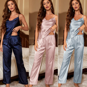 Pyjama 2 pièces en satin de soie pour femme, sans manches, sans bretelles, couleur unie, élégant, longueur complète, taille mi-haute élastique - Product Image 3