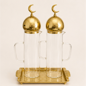 Ensemble de pichets à eau de luxe modernes faits à la main pour le Ramadan, avec couvercle en forme de croissant de lune, carafe et plateau de service doré martelé pour la décoration de table de l'Aïd - Product Image 5