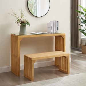 Piccola panca da pranzo in legno di pino Set con vetro temperato per ingresso soggiorno cucina camera da letto (natura tavolo da panca) - Product Image 1