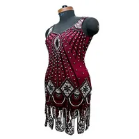 Robe de soirée bordeaux à franges perlées, sans manches, col en V, avec strass, pour soirée, cocktail, événement
