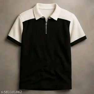 Polo zippé color block à manches courtes pour homme, col en tricot gaufré, pull décontracté pour l'été - Product Image 2