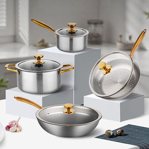 Premium Titanium Cookware Set 8pcs Healthy Non-toxic Uncoated Soup Milk Frying Pan Set with Gold Plated Handles - Product Image 3