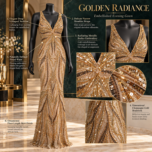Vestido de noche dorado con cuentas, estilo sirena, con escote en V profundo y tirantes delgados |   Vestidos de Fiesta Largos Formales con Bordado Metálico de Abanicos - Product Image 5