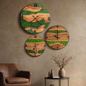 Olive Wood Wall Clock with Metal Frame Handmade Preserved Moss Panel Rustic Natural Wall Accent Housewarming Gift - Product Image 4