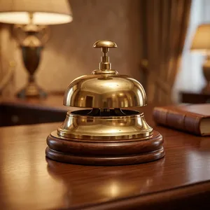 <b>Brass</b> Reception Desk <b>Bell</b> on Solid Wooden Base Luxury Push Button Service <b>Bell</b> Classic Countertop <b>Bell</b> for Hotel Restaurant - Product Image 2