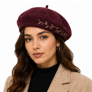 Merino Wool <b>Beret</b> Hat Lightweight Soft Felt with Minimal Embroidery for Autumn Winter Outdoor Daily Wear - Product Image 2