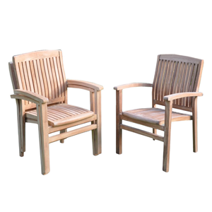 Pair of Classic Teak Stacked <b>Arm</b> <b>Chairs</b> <b>with</b> Outdoor Design: Slatted Backrest and Curved Top Rail - Product Image 2