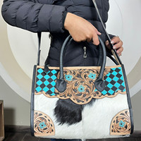 Sac fourre-tout en cuir à carreaux fait à la main de grande capacité, style western, sac à bandoulière de luxe en cuir de vachette pour femmes
