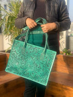 Sac fourre-tout multifonctionnel en cuir de luxe repoussé à la main Sac à main en cuir véritable pour dame Sac à bandoulière floral turquoise