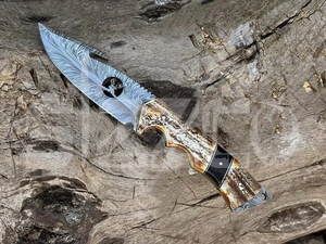 Couteau de chasse OEM en acier Damas Wirecut, couteau à dépecer et à éviscérer à lame fixe, couteau de camping et d'extérieur EDC avec étui en cuir - Product Image 4