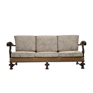 Classic Three-Seater Wooden Sofa <b>with</b> Floral Upholstery and Hand-Carved Scroll <b>Arms</b> - Product Image 1