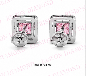 Elegantes pendientes cuadrados tipo halo en oro blanco de 18 quilates con piedras centrales de corte princesa en rosa vibrante y diamantes redondos decorativos. - Product Image 3