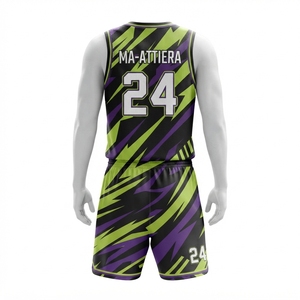 Ensemble de maillot et short de basket-ball personnalisé avec motif éclair noir, vert et violet, uniforme de sport respirant - Product Image 4