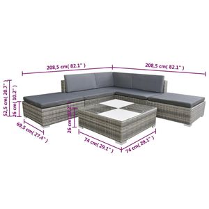 Ensemble de salon de patio en poly rotin 6 pièces avec coussins gris ensembles de jardin - Product Image 6