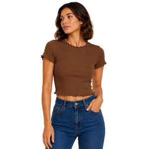 Top Corto Personalizado Marrón con Nervaduras para Mujer, Manga Corta, Cuello Redondo con Volantes, Algodón y Spandex, Ajuste Delgado, Camiseta Casual de Verano, OEM Personalizado - Product Image 1