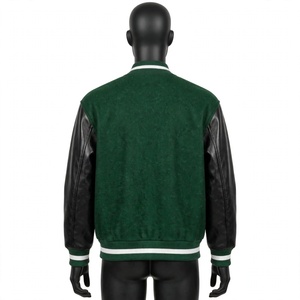 Blouson universitaire personnalisé en laine verte avec manches en cuir noir, style rétro vintage, pour lycée, vente en gros - Product Image 2