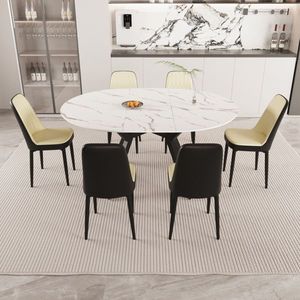 Elegante y Espacioso Juego de Comedor Circular Extensible de 47''/63'' con 6 Sillas de Comedor Tapizadas en Tela PU con Cojines Gruesos - Product Image 1