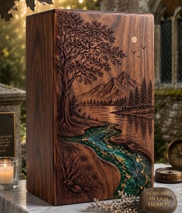 Personalized Walnut Pet-Friendly Cremation Urn American Mountain Lake <b>Memorial</b> <b>Box</b> Eagle River Resin Art Durable Eco-Friendly - Product Image 4