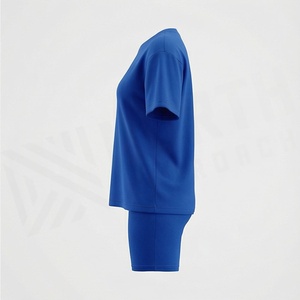 Conjunto Deportivo de 2 Piezas Azul para Mujer, Camiseta de Manga Corta y Pantalones Cortos por Encima de la Rodilla, Cuello Redondo, Secado Rápido, Tejido de Punto, Corte Regular - Product Image 3