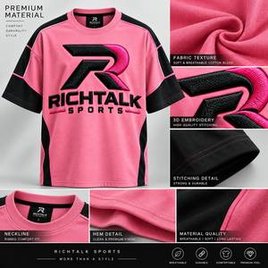 เสื้อยืดแขนสั้นผู้ชายทรงโอเวอร์ไซส์ สีชมพู-ดำ ตัดกัน แต่งลายปัก 3 มิติ ด้านหน้า สไตล์วินเทจ คอกลม ผ้าถัก ทรงพอดีตัว ผ้าฝ้าย 100% - Product Image 6