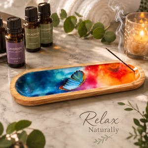 Plateau en bois imprimé papillon pour attraper les cendres d'encens |   Porte-encens décoratif pour la méditation, le yoga, l'aromathérapie, la décoration de la maison - Product Image 3