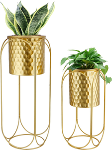 Set of 2 Large Gold Metal Planters with Stands Modern Indoor Outdoor Flower <b>Pots</b> 26 and 18 Inch <b>Tall</b> for Living Room Corner - Product Image 6
