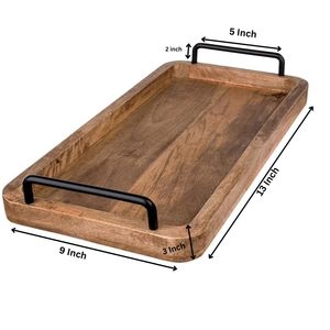 Plateau de service en bois de manguier rectangulaire, couleur unie, design minimaliste, poignées en métal durables - Product Image 5