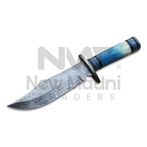 Cuchillo de caza de acero de Damasco con punta caída, 0.6mm de grosor, mango azul, hoja fija, hecho a mano, calidad industrial. - Product Image 1