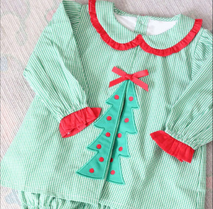 Embroidery Girl <b>Dress</b> High Quality Girls Green Gingham <b>Christmas</b> Tree Applique <b>Dress</b> With Red Peter Pan Collar And Puff Sleeves - Product Image 1